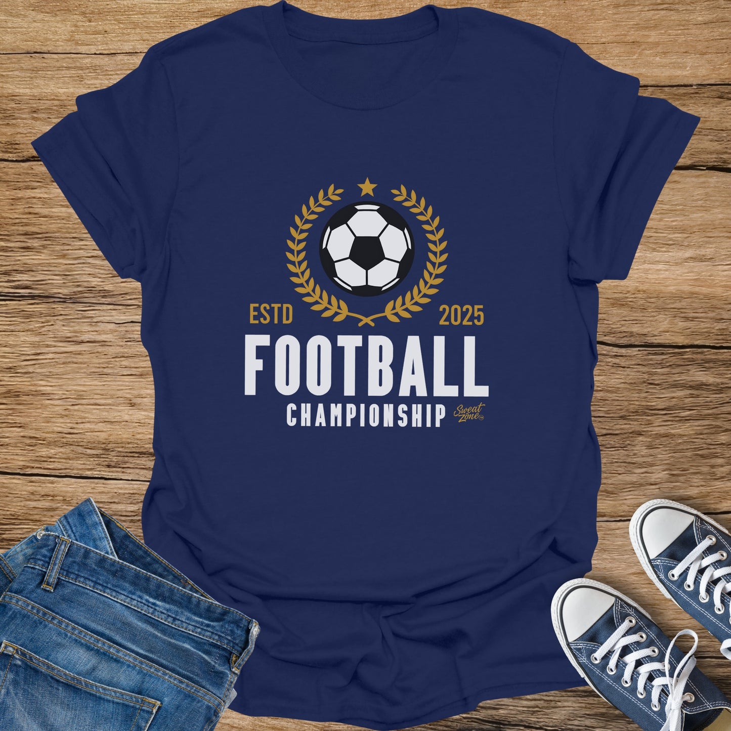 Navy t-shirt with "Football Championship Estd 2025 Sweat Zone" graphic.