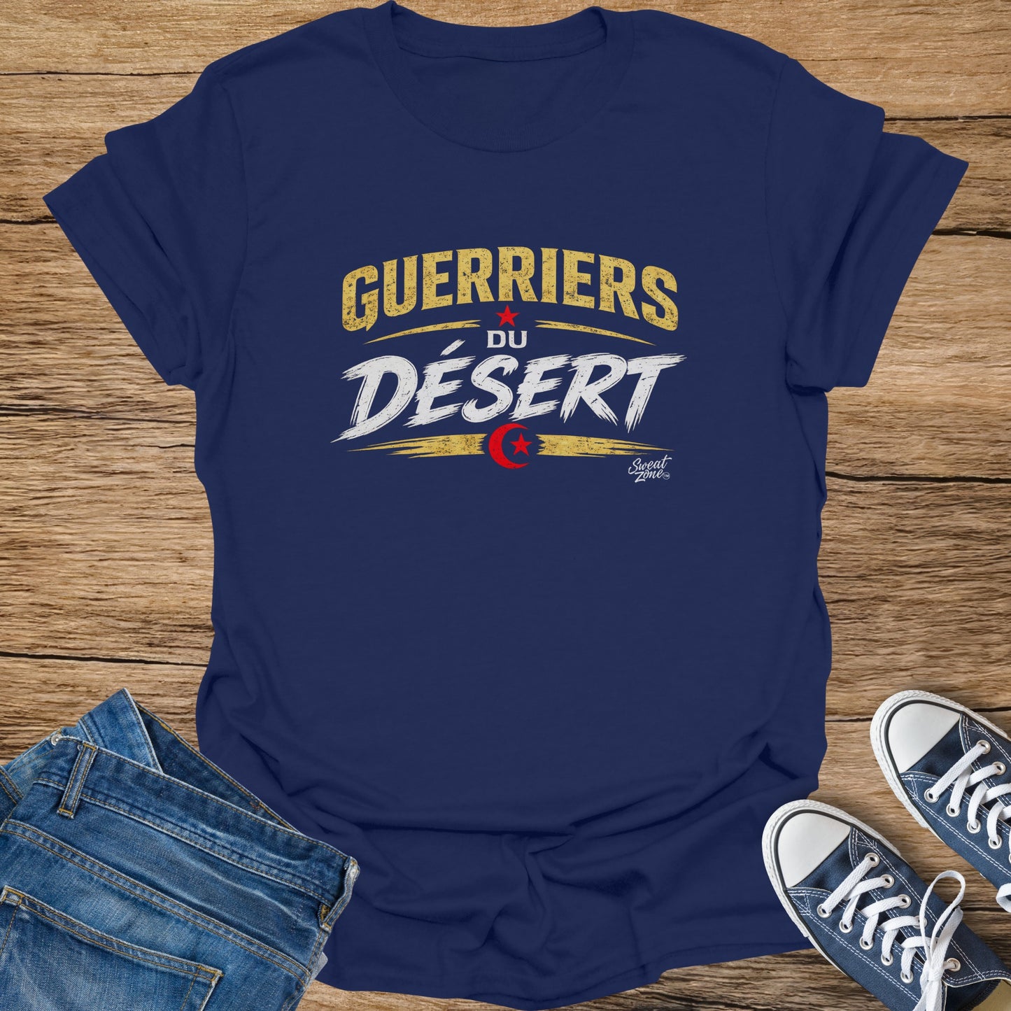 Navy t-shirt with "GUERRIERS DU DÉSERT" text and Algerian flag emblem.