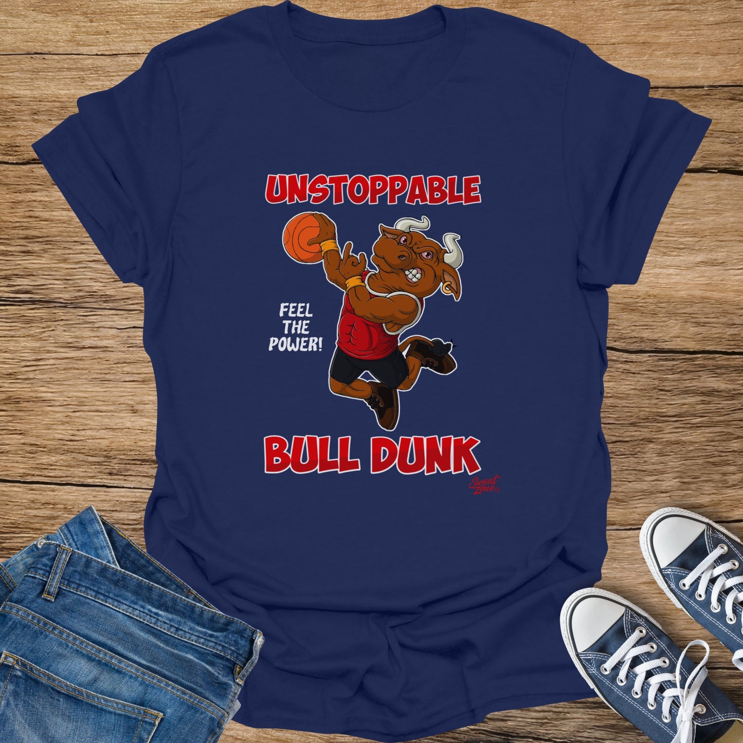 Navy t-shirt with cartoon bull dunking basketball, text says "UNSTOPPABLE BULL DUNK".