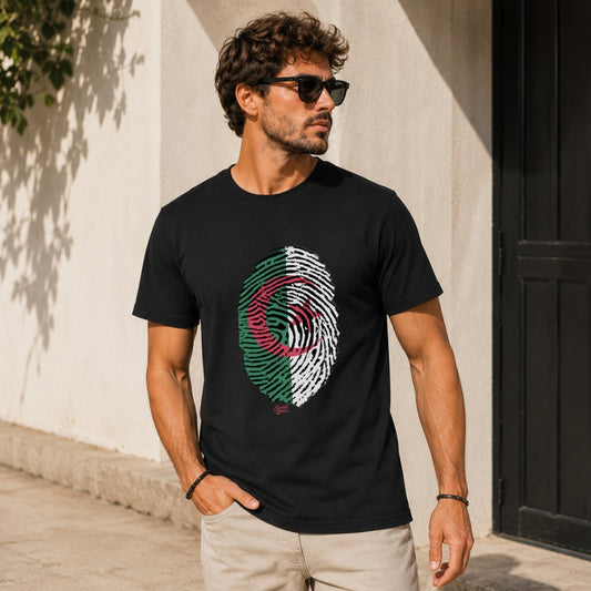 Man wearing black t-shirt with Algerian flag fingerprint design.