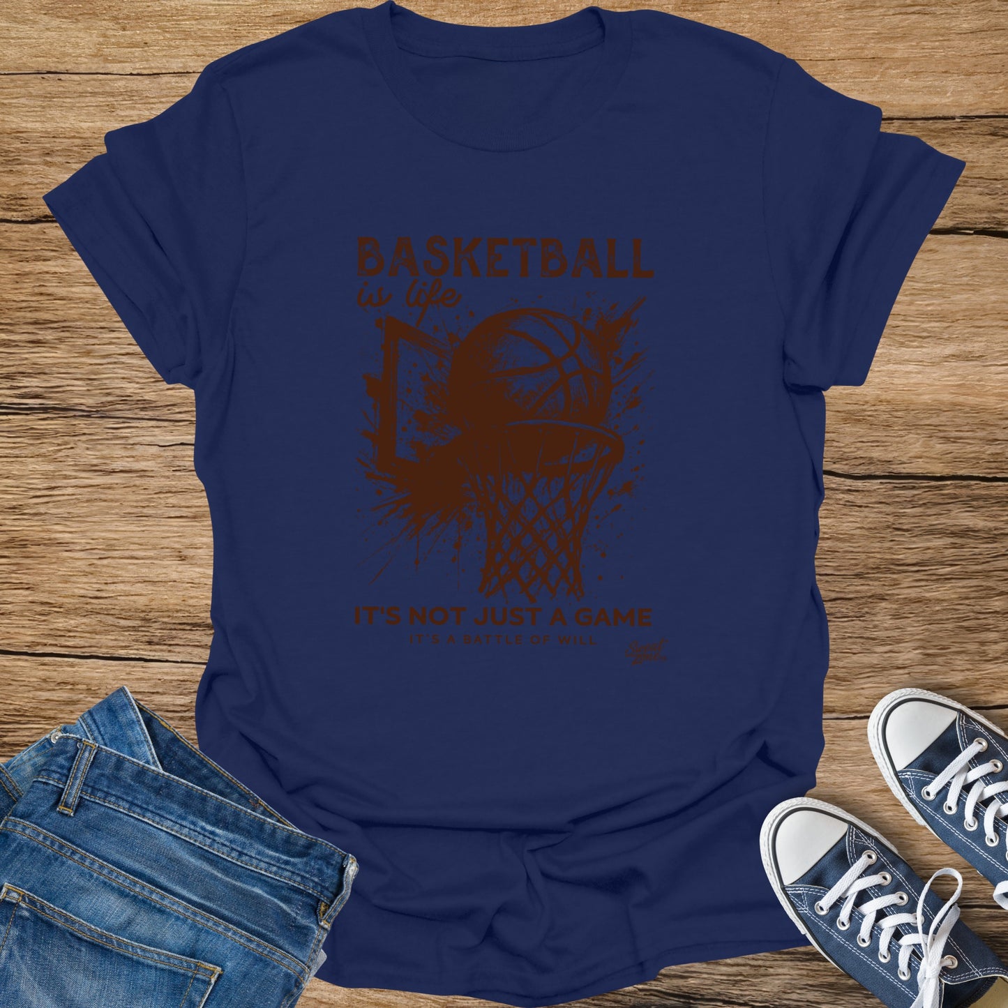 Navy t-shirt with "BASKETBALL is life. IT'S NOT JUST A GAME" graphic.