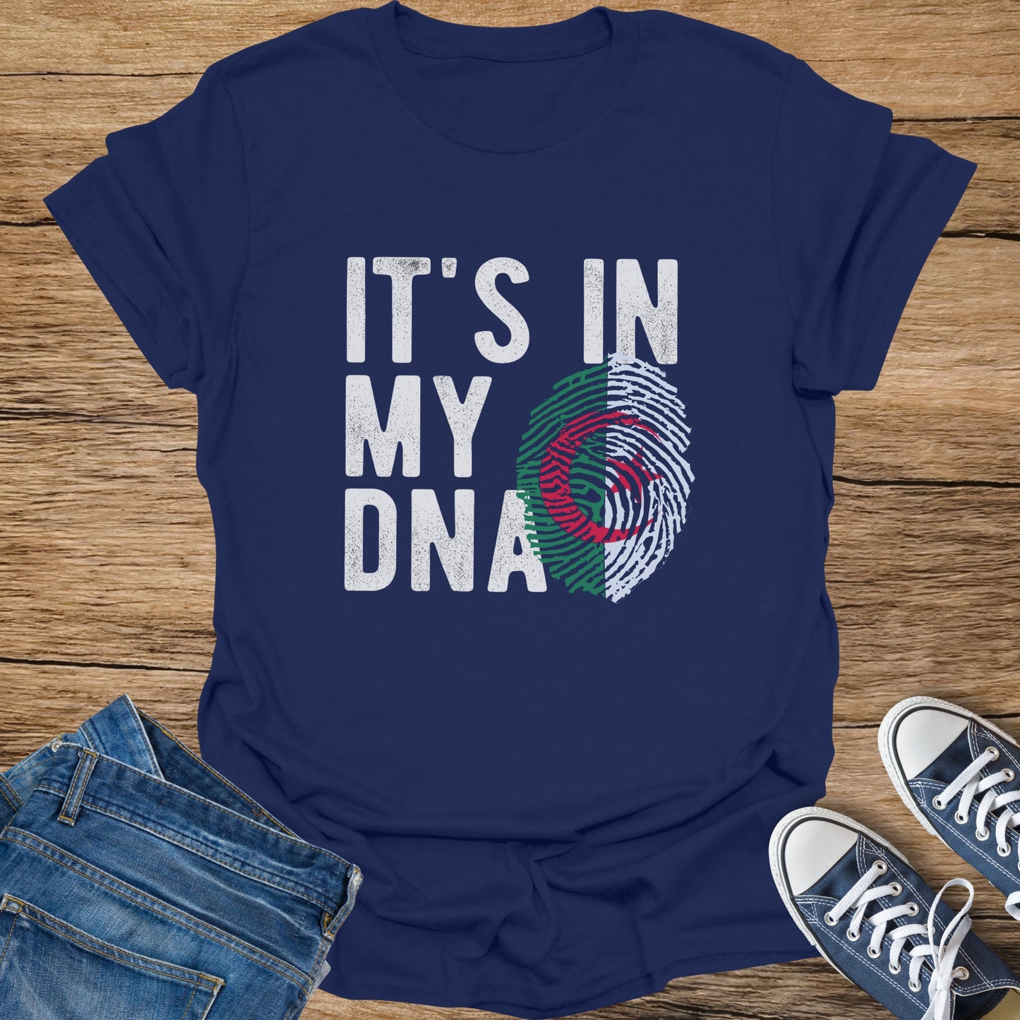 Navy t-shirt with "IT'S IN MY DNA" and Algerian flag fingerprint graphic.
