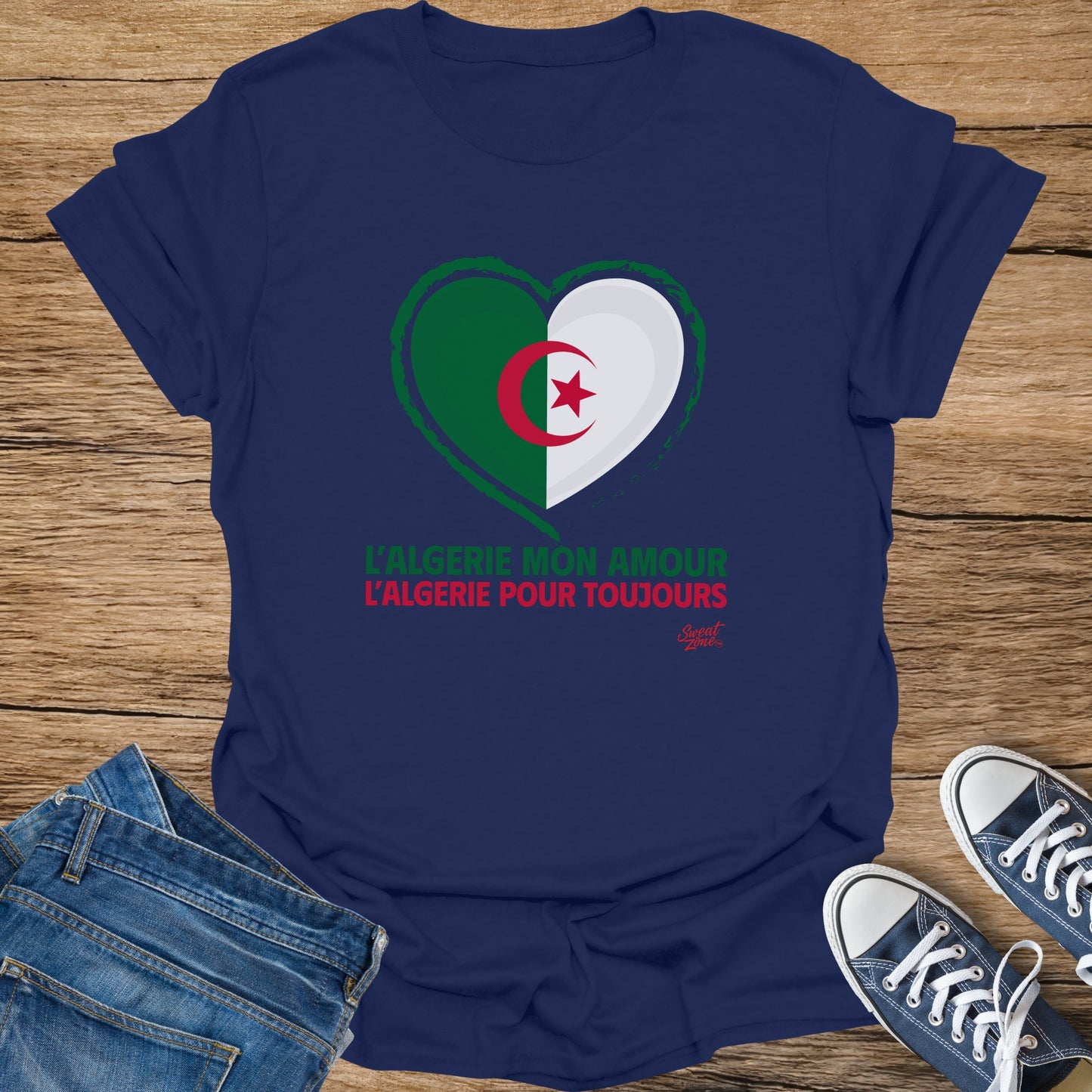 Navy t-shirt with Algerian flag heart and french text L'ALGERIE MON AMOUR.
