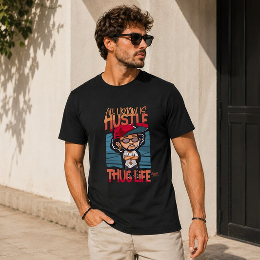 Black t-shirt with cartoon "Hustle Thug Life" graphic and text.
