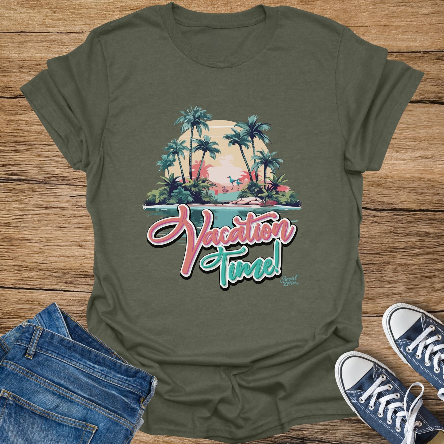 Olive green t-shirt with "Vacation Time!" text and tropical scene graphic.