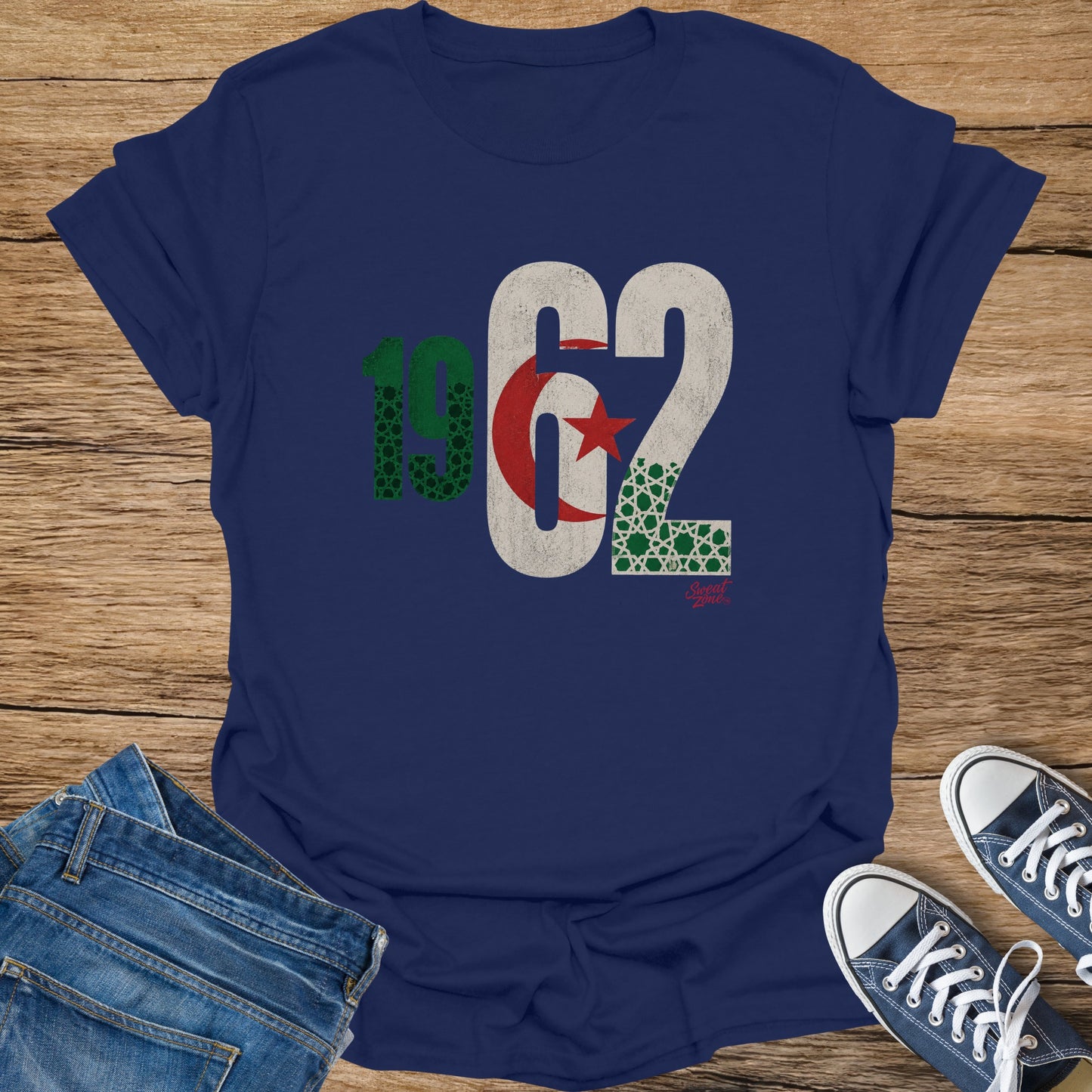 Navy t-shirt with "1962" in distressed font, incorporating Algerian flag and geometric patterns.