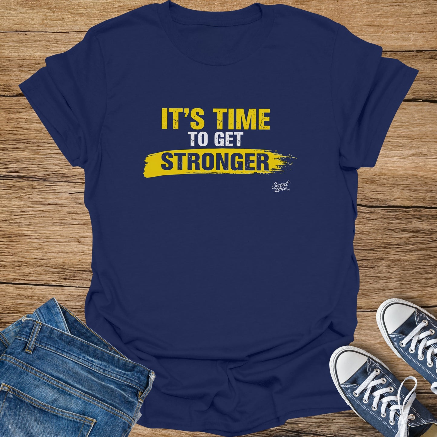 Navy t-shirt with yellow text "IT'S TIME TO GET STRONGER".
