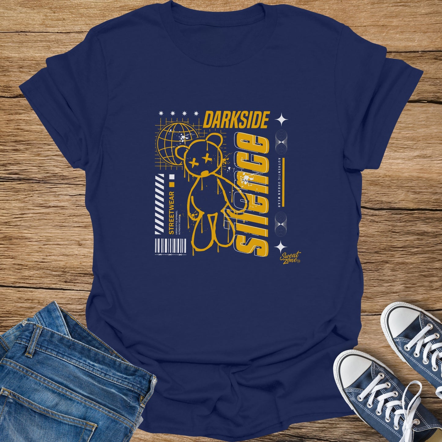 Navy t-shirt with a yellow graphic featuring a bear, globe, and text "DARK SIDE".