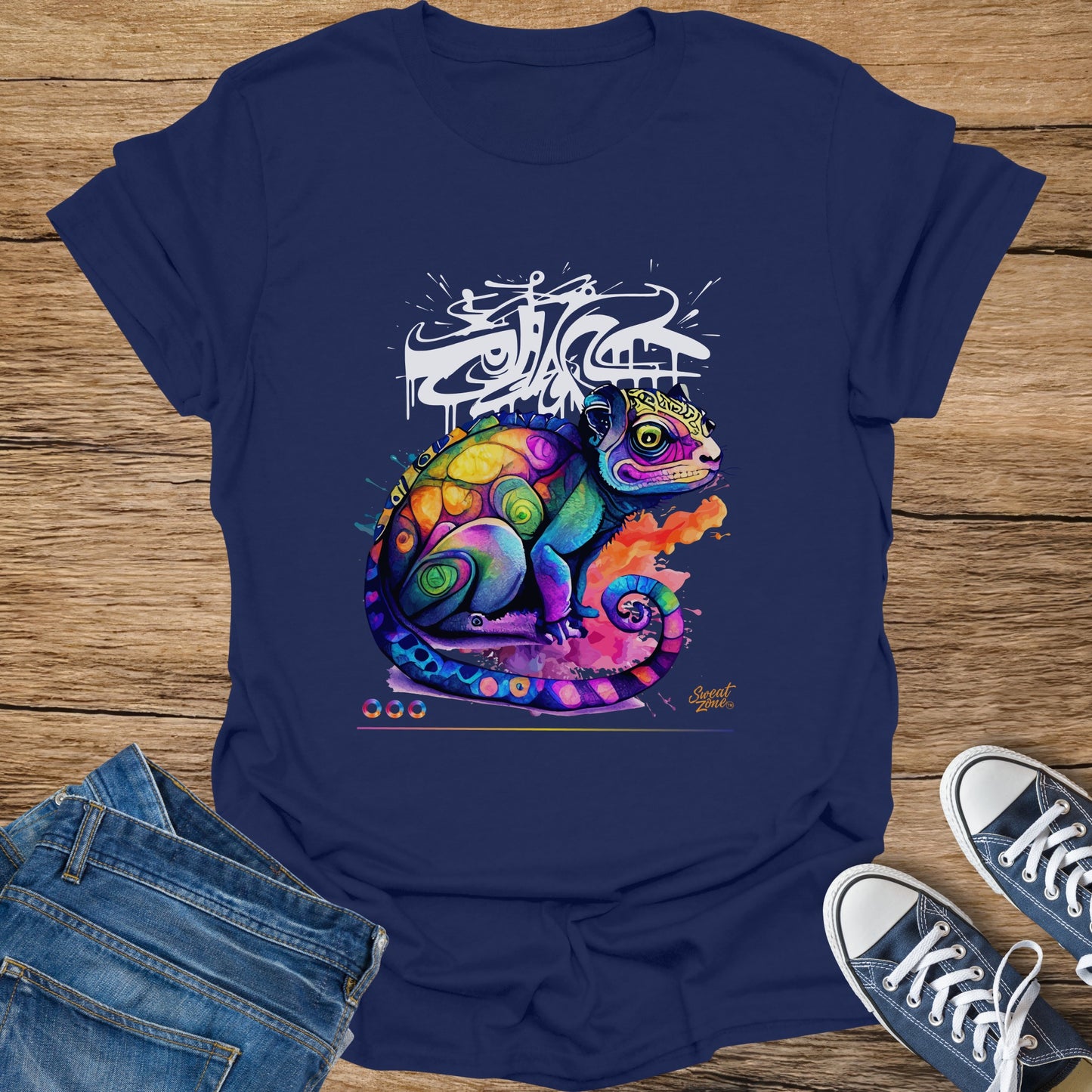 Dark blue t-shirt with a colorful, abstract chameleon graphic and graffiti.