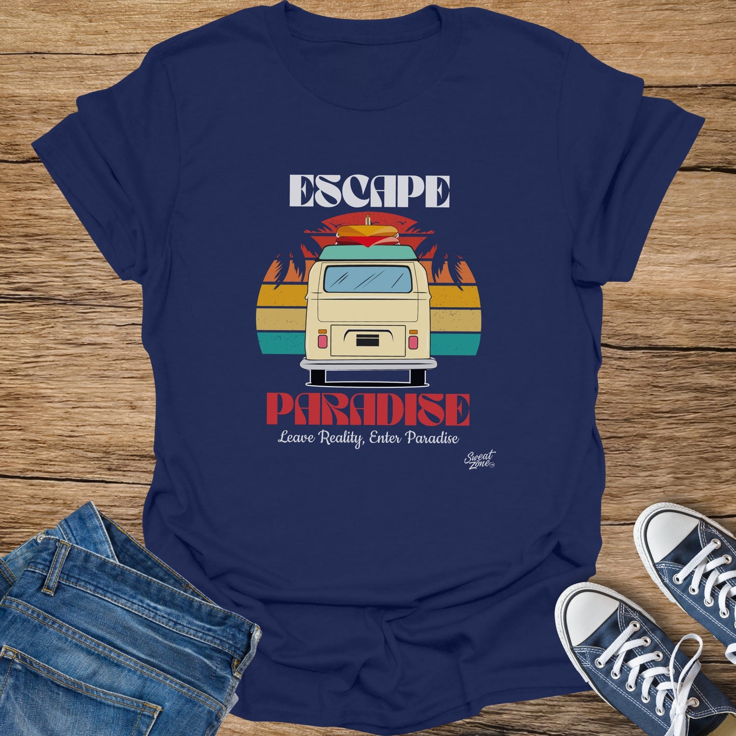 Navy t-shirt with "Escape Paradise" graphic featuring a van and palm trees.
