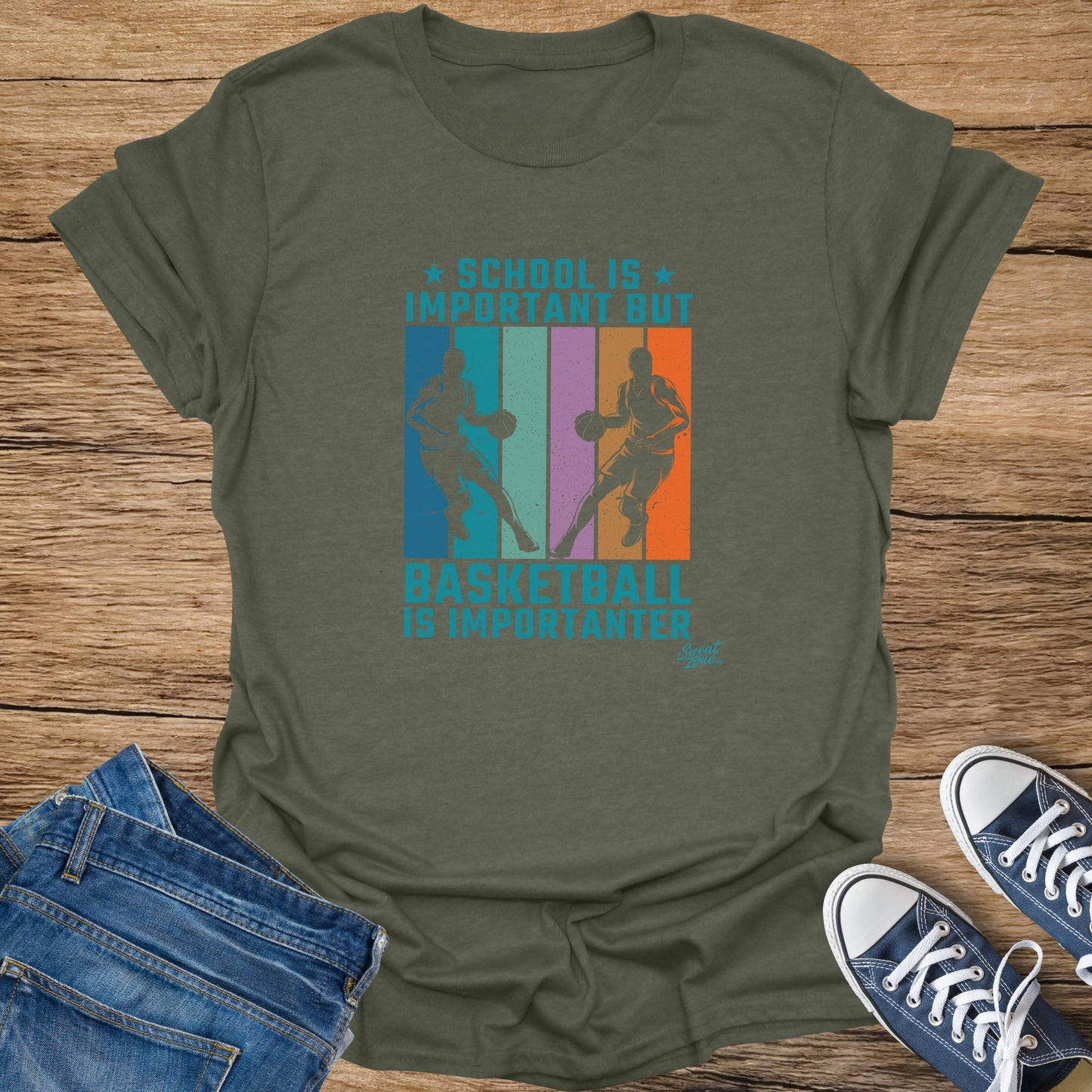 Green t-shirt with text: School is important but basketball is importanter.