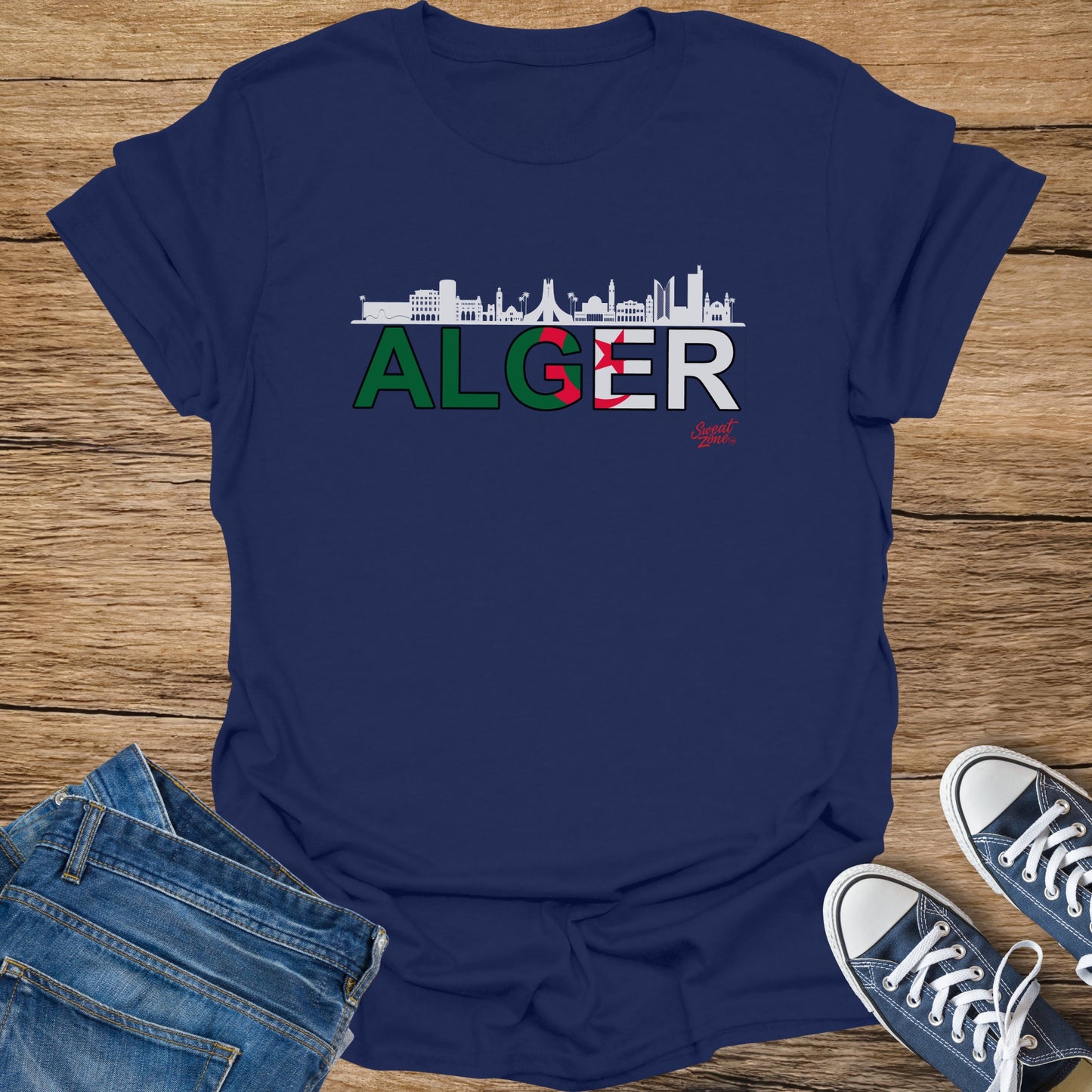 Navy t-shirt with white skyline and "ALGER" text with Algerian flag details.