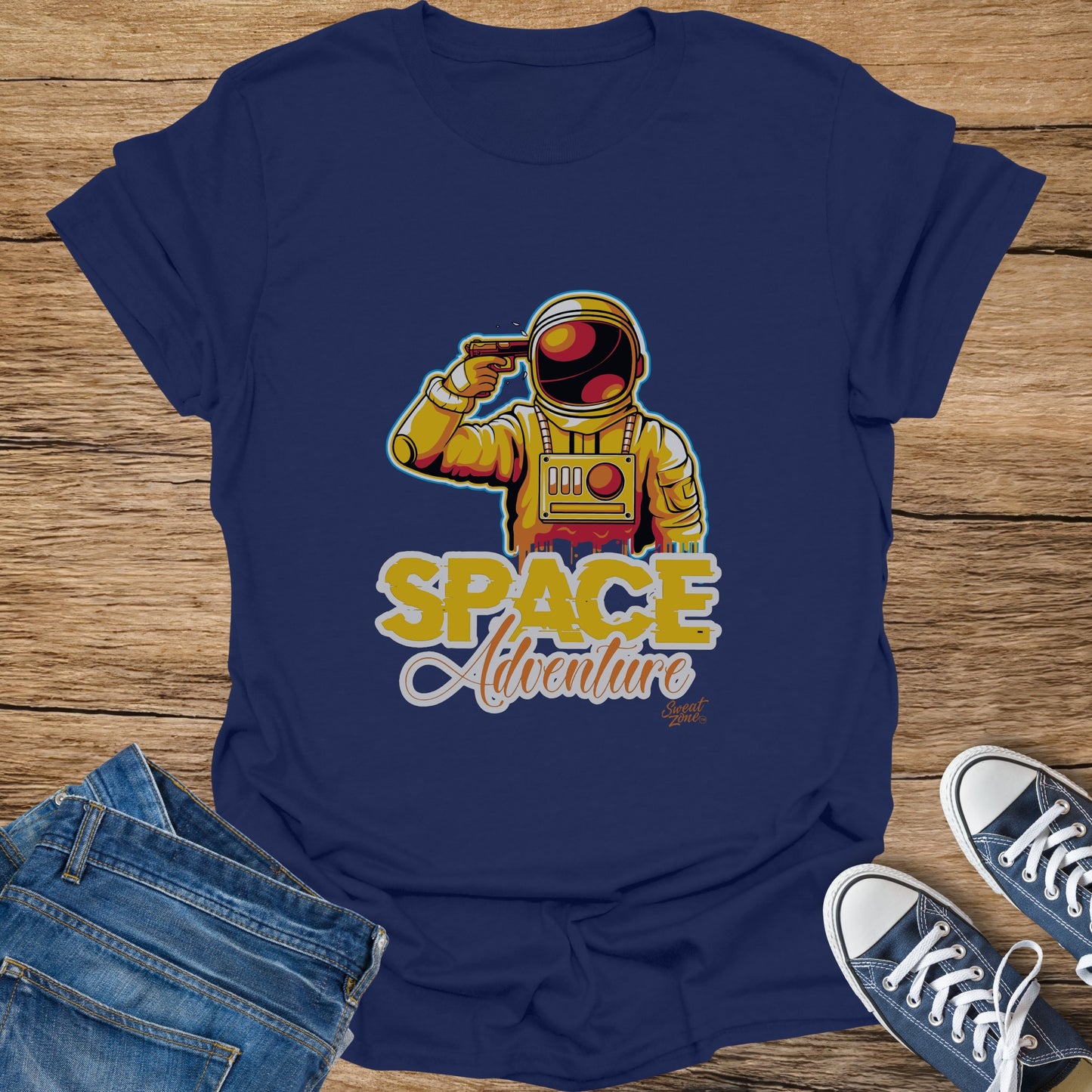 Navy t-shirt with yellow astronaut and text "SPACE Adventure"