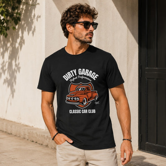 Black t-shirt with "Dirty Garage Highest Performance" and vintage truck graphic.