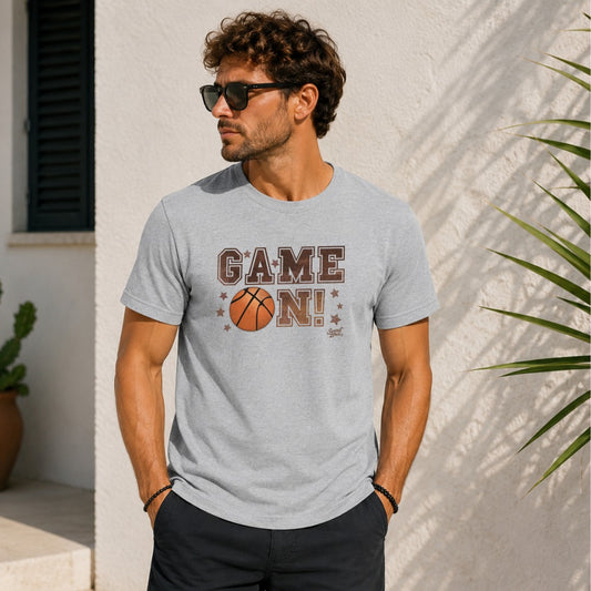Grey t-shirt with "GAME ON!" and basketball graphic.