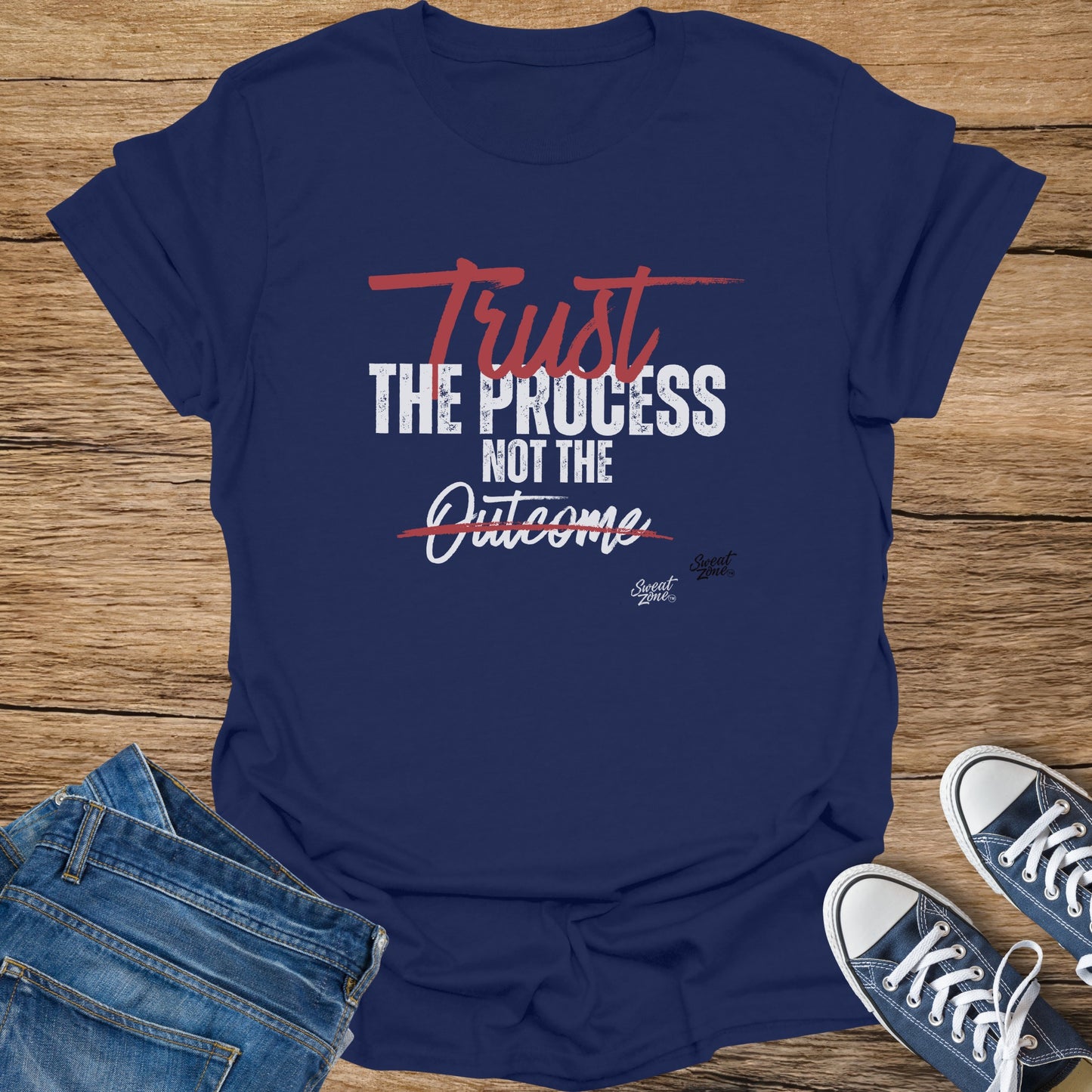 Navy t-shirt with distressed text "Trust the Process not the Outcome".