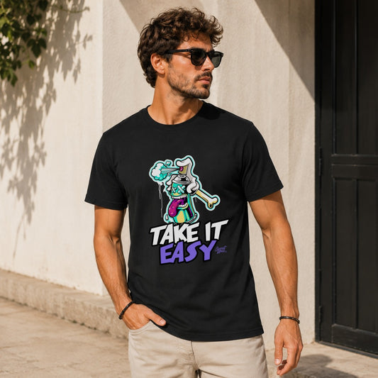 Black t-shirt with cartoon spray can graphic and "Take It Easy" text.