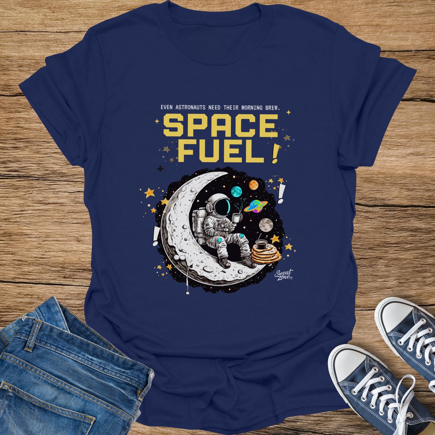 Dark blue t-shirt with astronaut, moon, planets, and "SPACE FUEL" text.