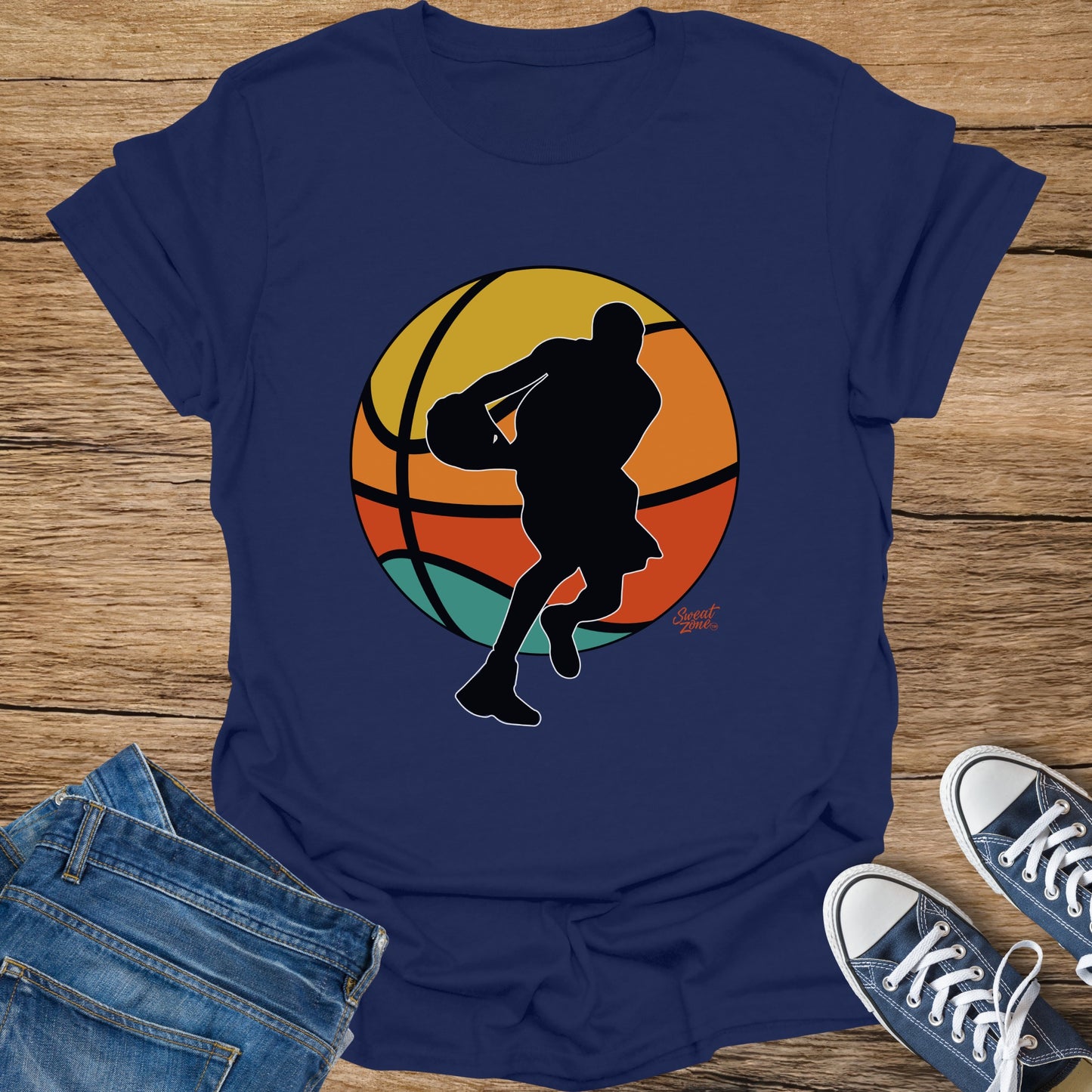 Navy t-shirt with a silhouette of a basketball player dribbling, with "Sweat Zone" logo.