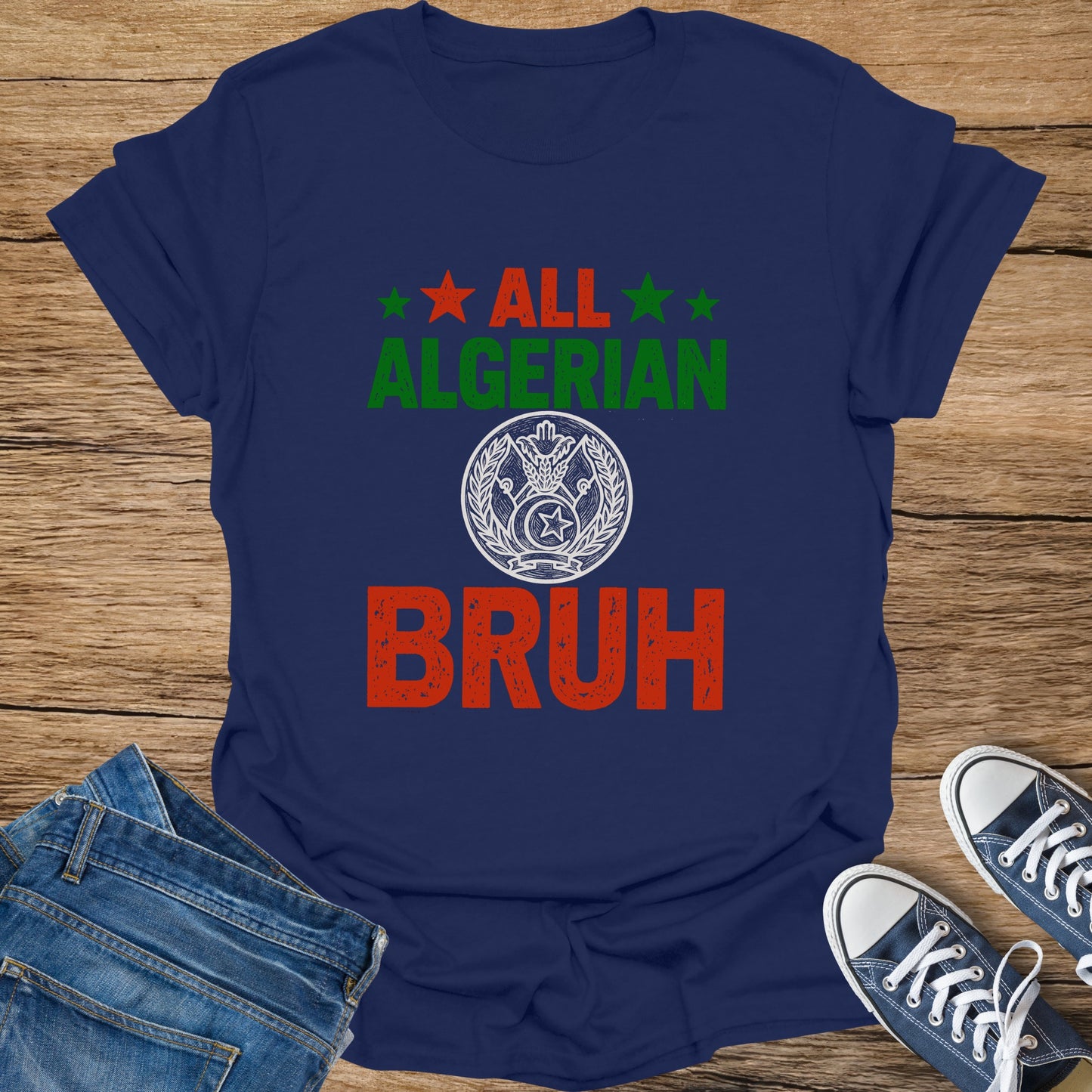 Blue t-shirt with "ALL ALGERIAN BRUH" text and Algerian coat of arms.