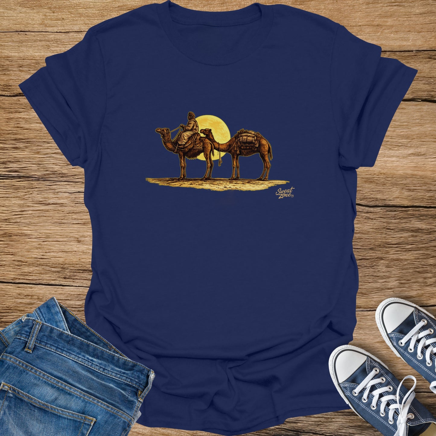 Desert scene with rider on camel under a full moon, "Sweet Zone" text.