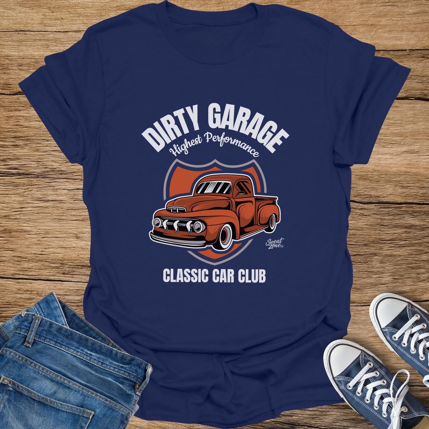 Navy t-shirt with "DIRTY GARAGE Highest Performance CLASSIC CAR CLUB" and a red truck graphic.