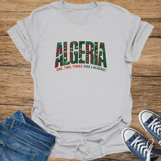 Gray t-shirt with "Algeria" text in a patterned design and "One, Two, Three Viva l'Algerie!"