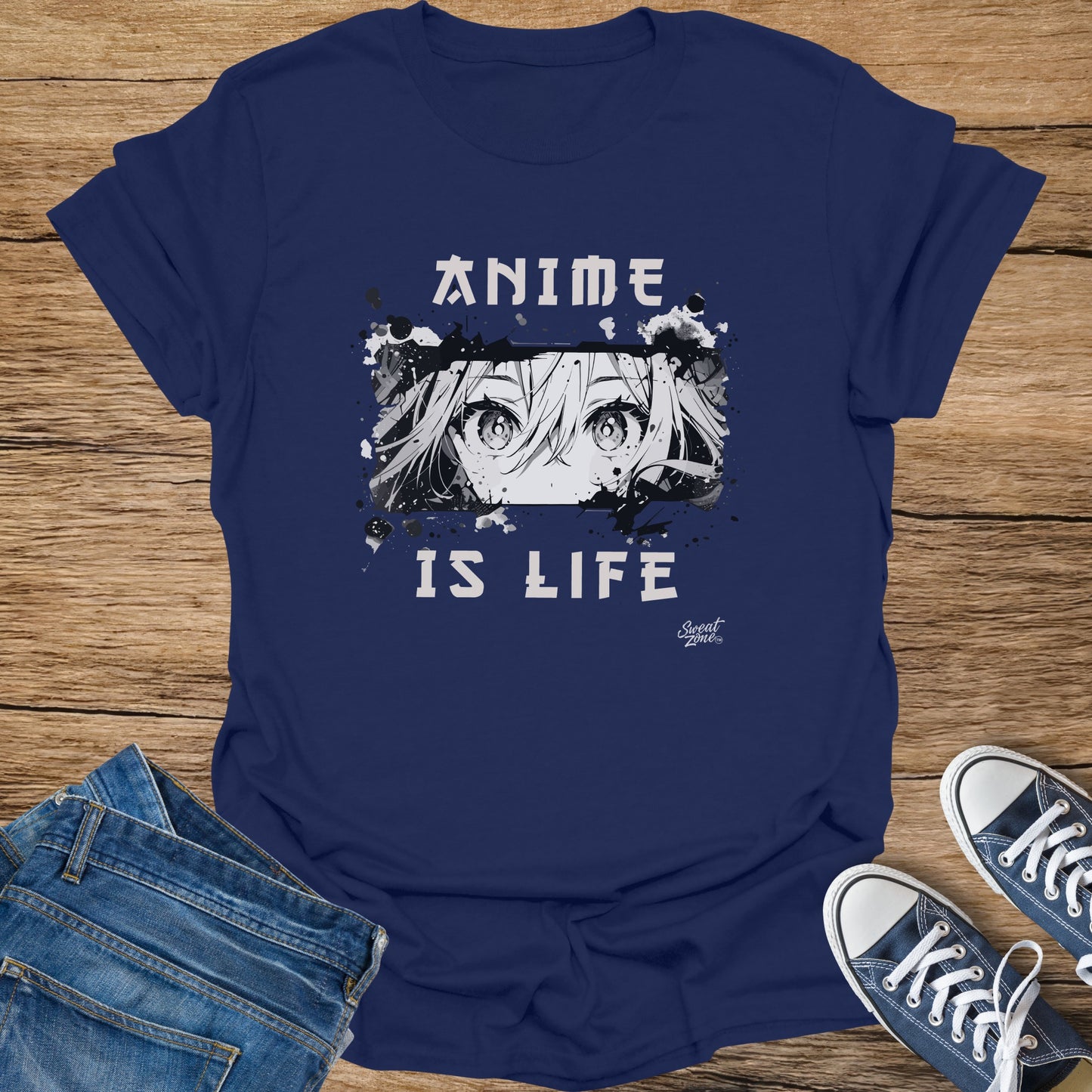 Navy t-shirt with black and white anime eyes graphic and "ANIME IS LIFE" text.