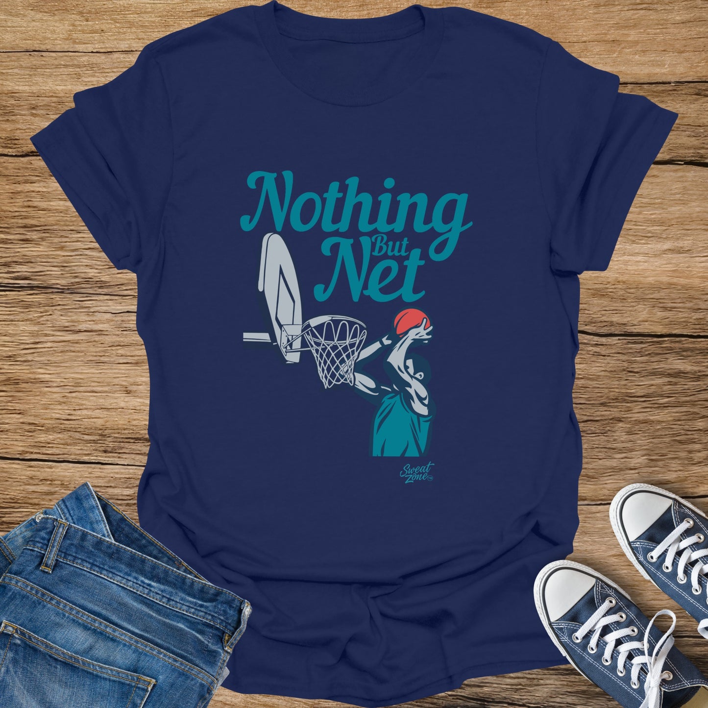 Navy t-shirt with "Nothing But Net" text and basketball player graphic.