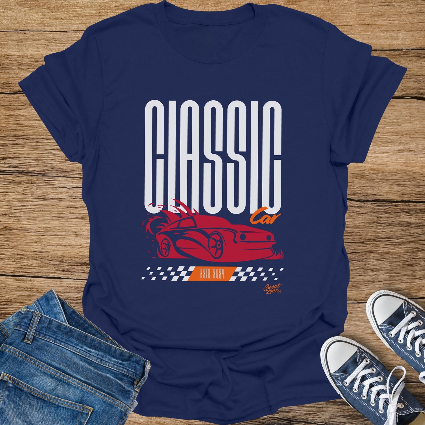 Navy t-shirt with "CLASSIC CAR" text and a red stylized car graphic.