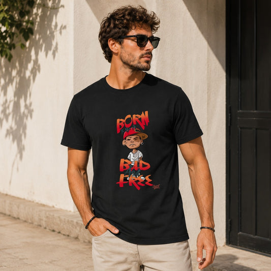 Black t-shirt with "BORN TO BE BAD AND FREE" graphic and cartoon character.