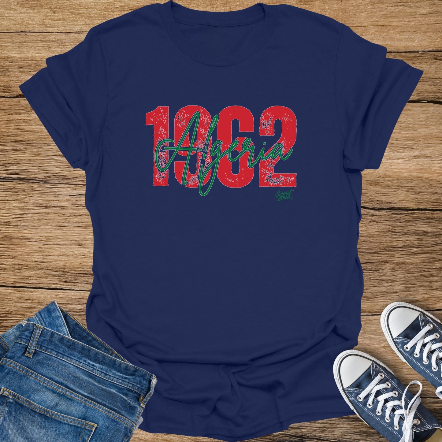 Navy t-shirt with distressed red 1962 and green "Algeria" text.