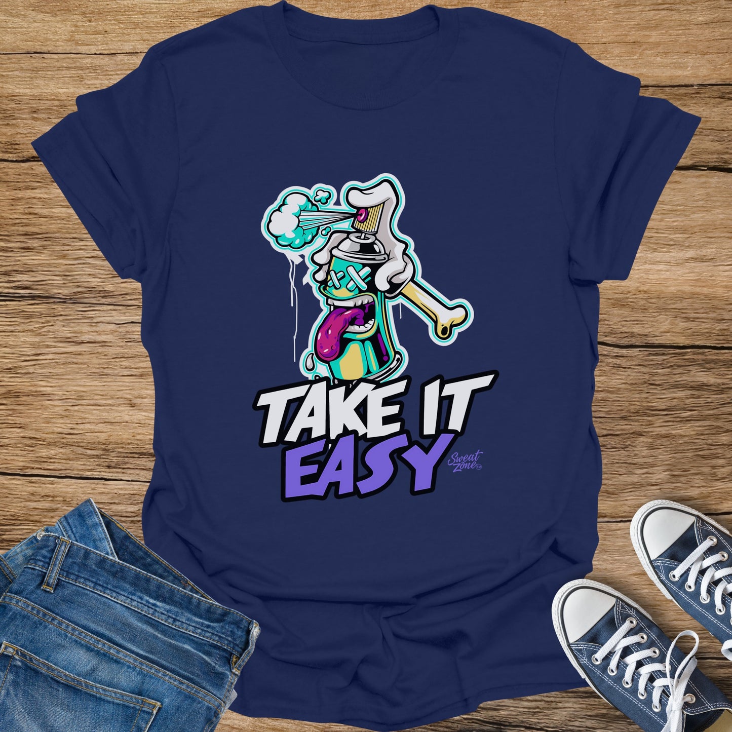 Navy t-shirt with a graphic of a spray can saying "TAKE IT EASY".