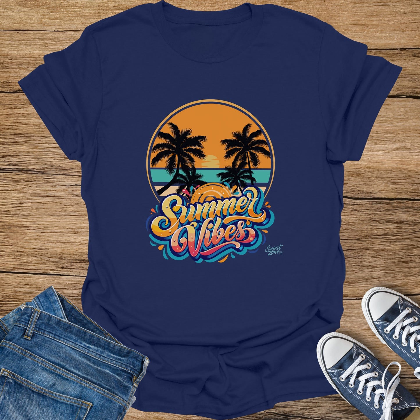 Navy t-shirt with "Summer Vibes" text and palm trees.