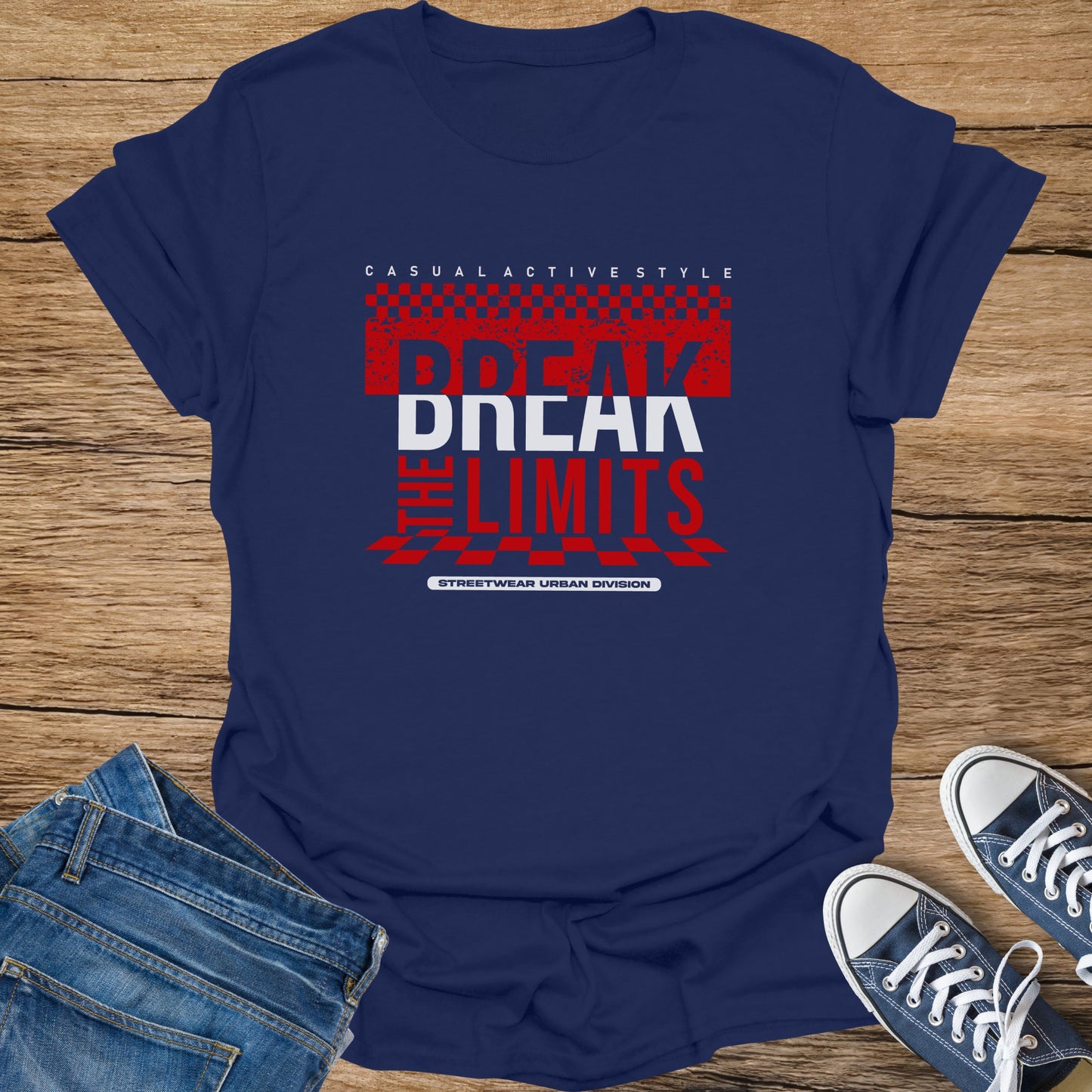 Navy t-shirt with red and white "BREAK THE LIMITS STREETWEAR URBAN DIVISION" graphic.