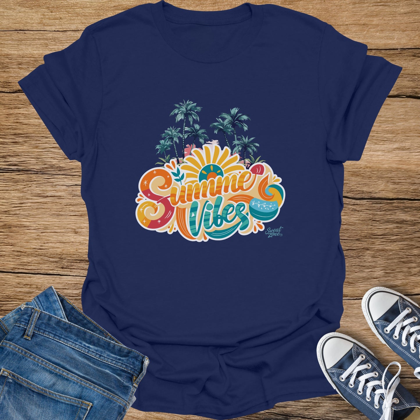 Navy t-shirt with colorful "Summer Vibes" text and tropical graphics.