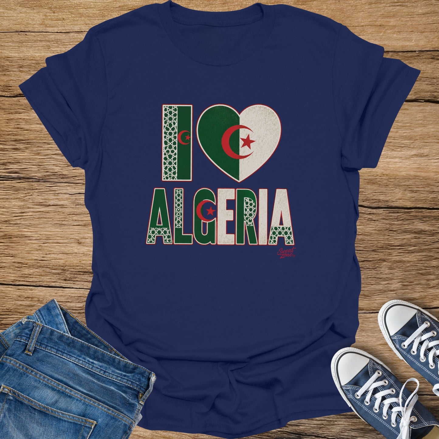 Navy t-shirt with "I Love Algeria" graphic and Algerian flag heart.
