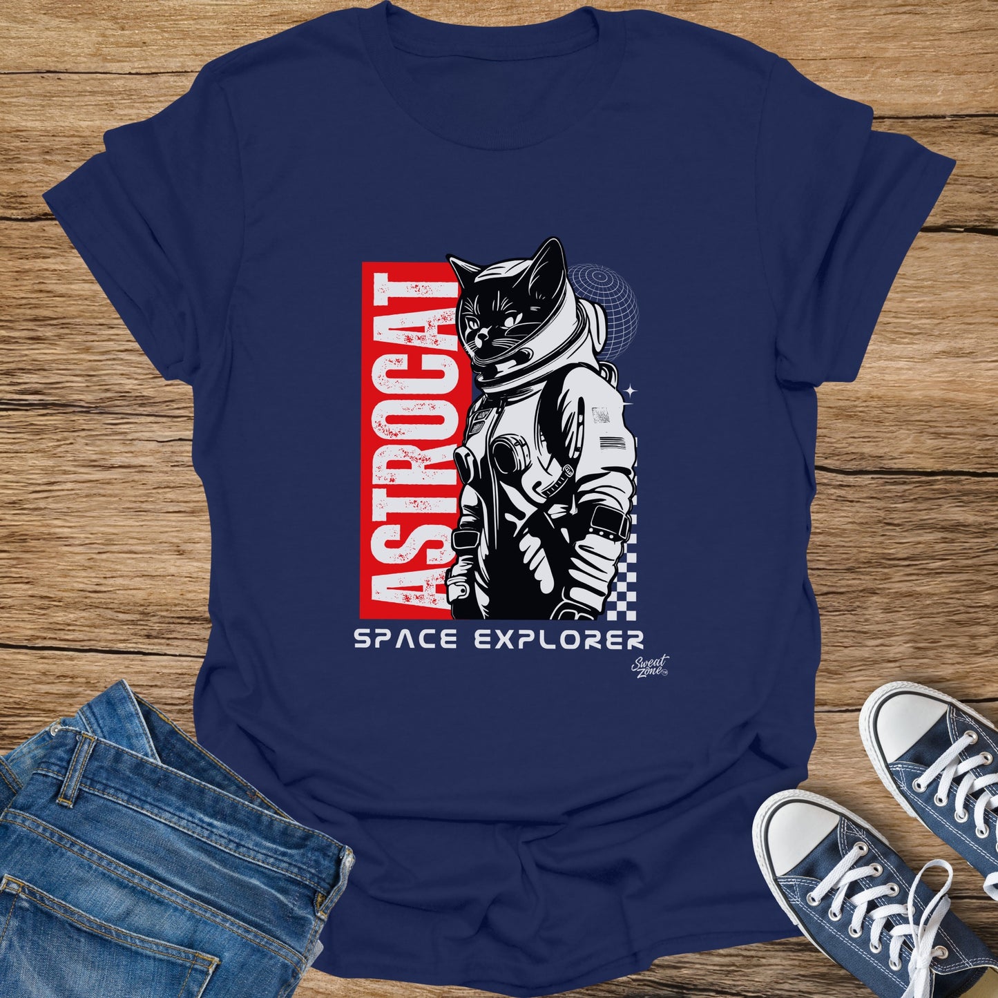 Dark blue t-shirt featuring an astronaut cat graphic with "ASTROCAT" and "SPACE EXPLORER" text.
