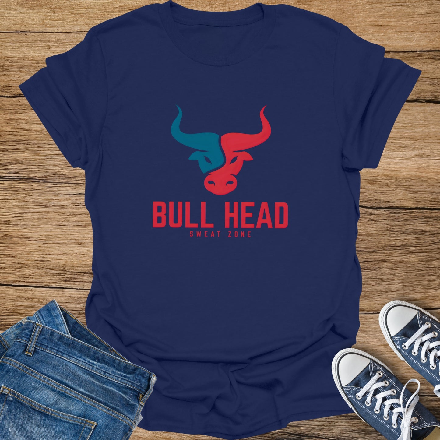 Navy t-shirt with red and teal bull head logo and text "BULL HEAD SWEAT ZONE".