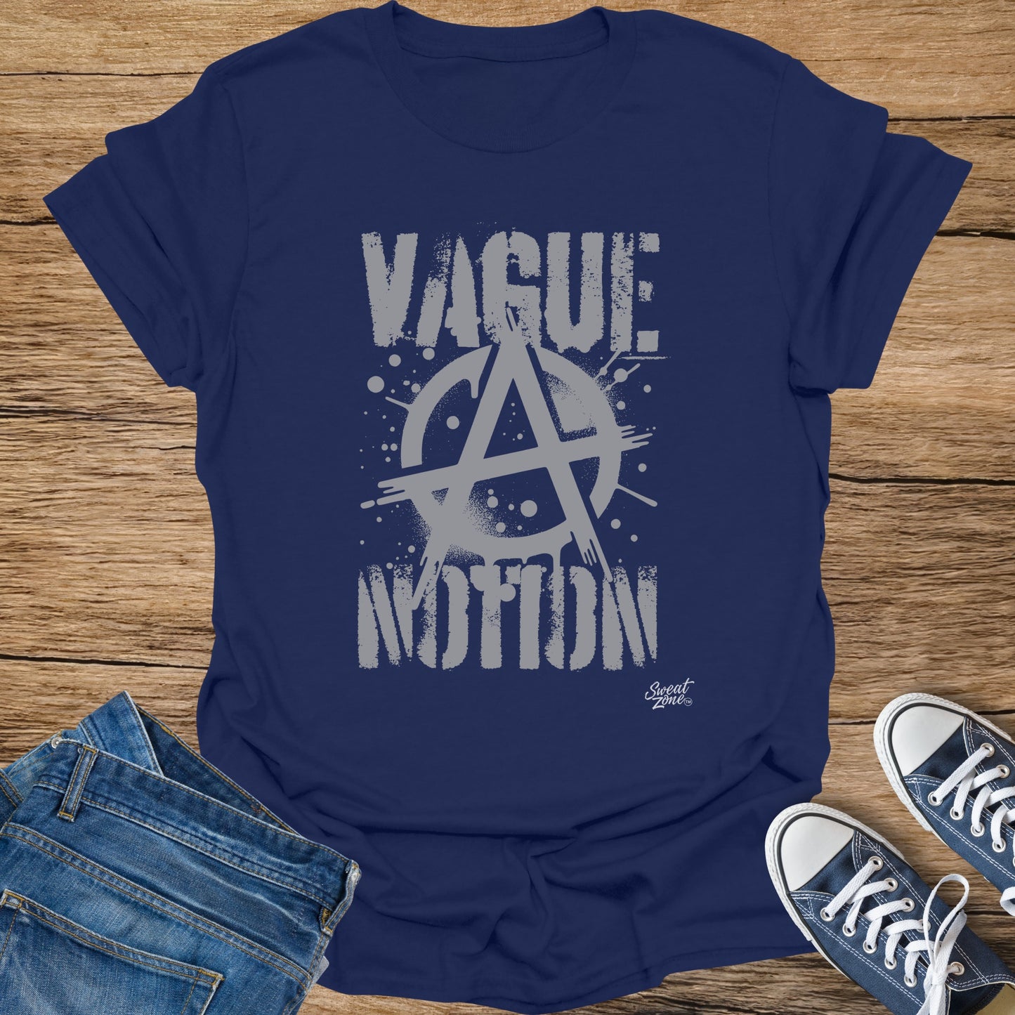 Navy t-shirt with distressed "Vague Notion" text and anarchy symbol graphic.