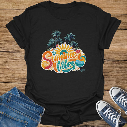 Black t-shirt with "Summer Vibes" text in colorful retro font and palm trees.