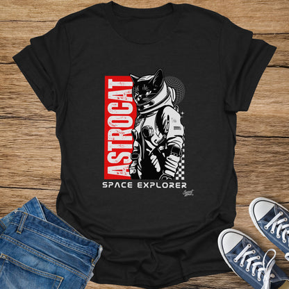Black t-shirt featuring "ASTROCAT SPACE EXPLORER" graphic of a cat in an astronaut suit.