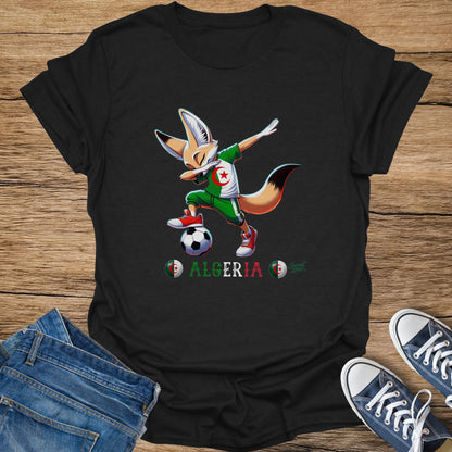 Cartoon fox character in a soccer uniform dabbing, with "Algeria" text.