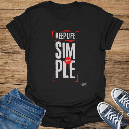 Black t-shirt with "KEEP LIFE SIM ALWAYS PLE" text in white and red.