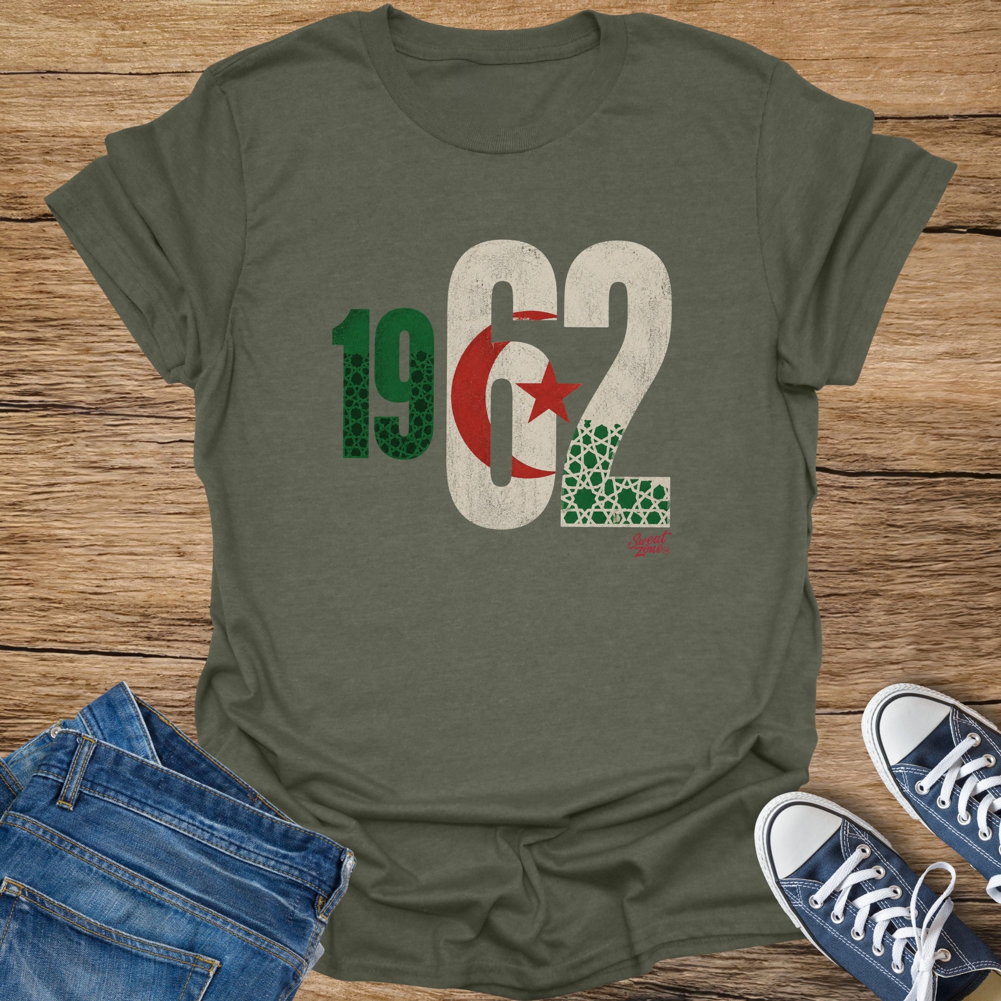 T-shirt with "1962" printed in green, white, red, and patterned texture.