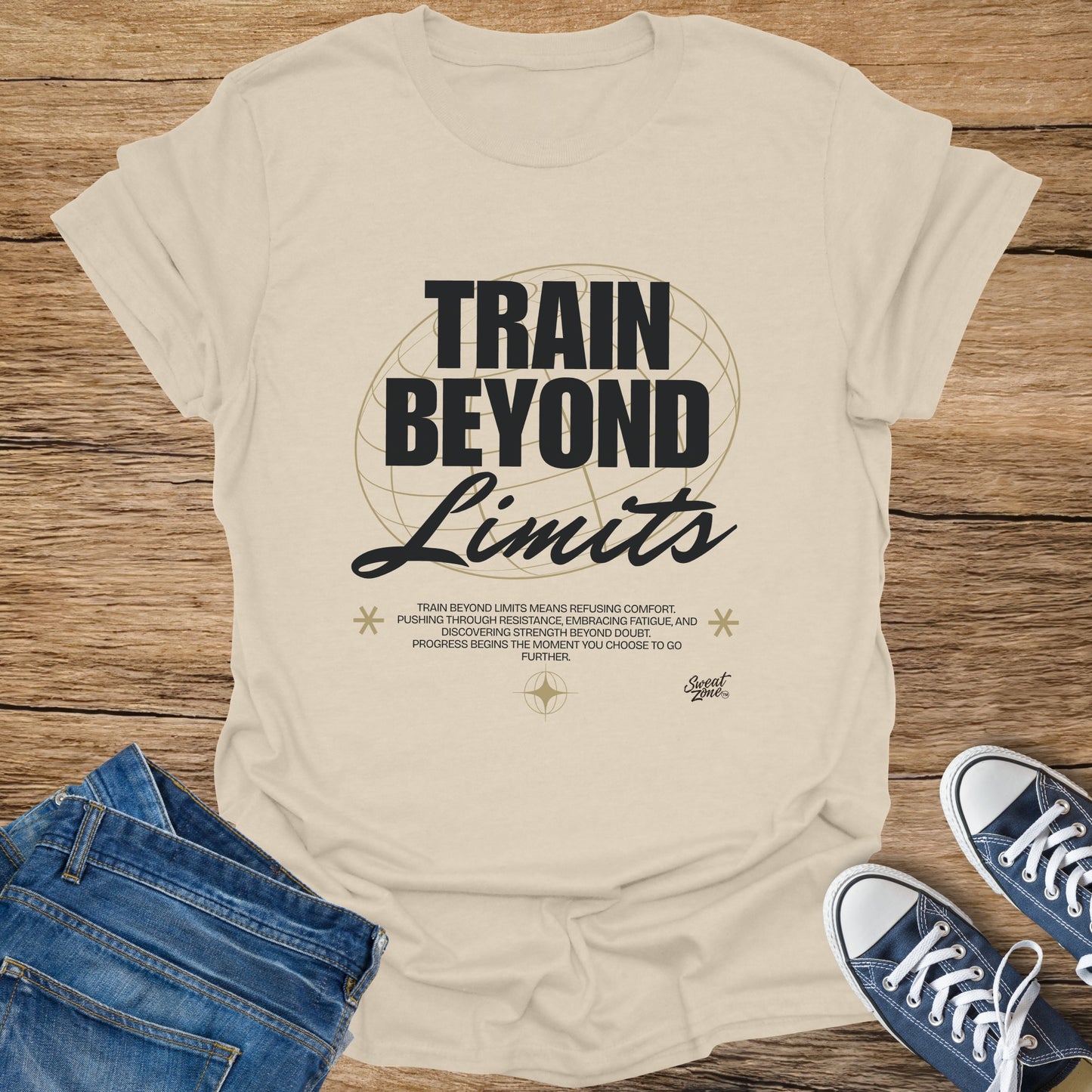Cream t-shirt with black text "TRAIN BEYOND Limits" and motivational quote.
