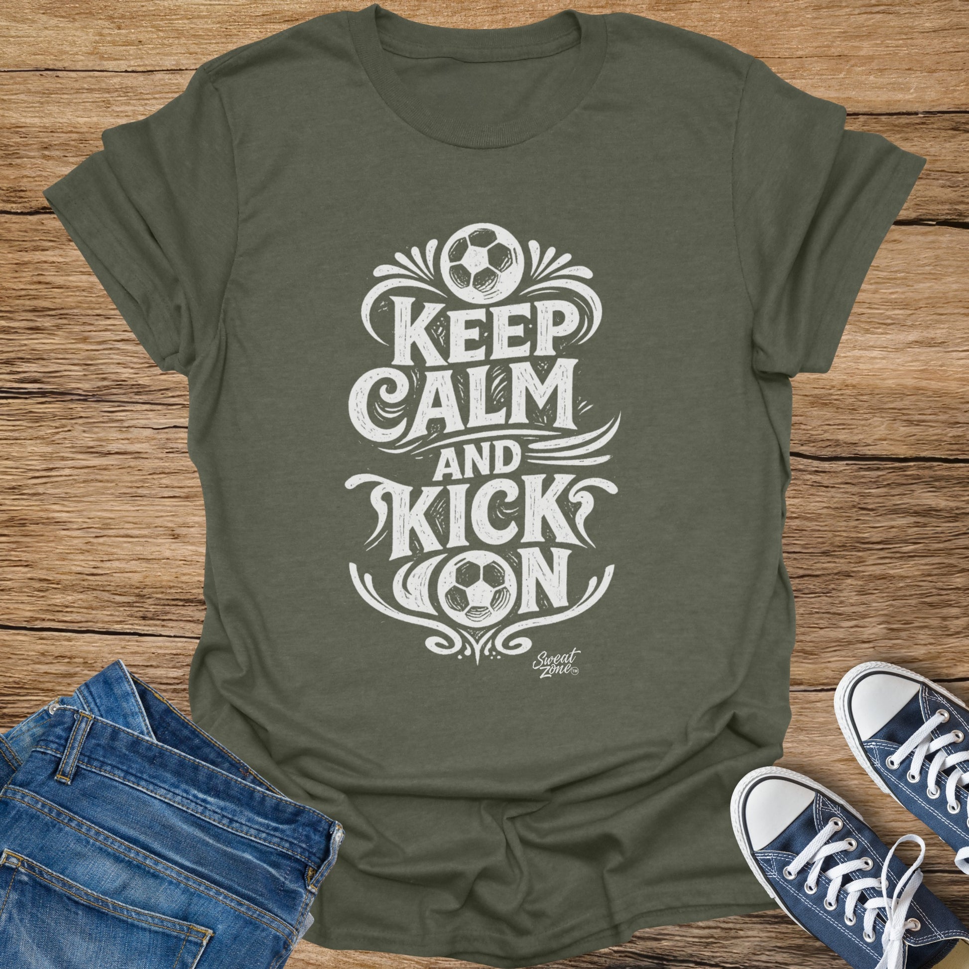 Green t-shirt with "Keep Calm and Kick On" text and soccer ball graphic.