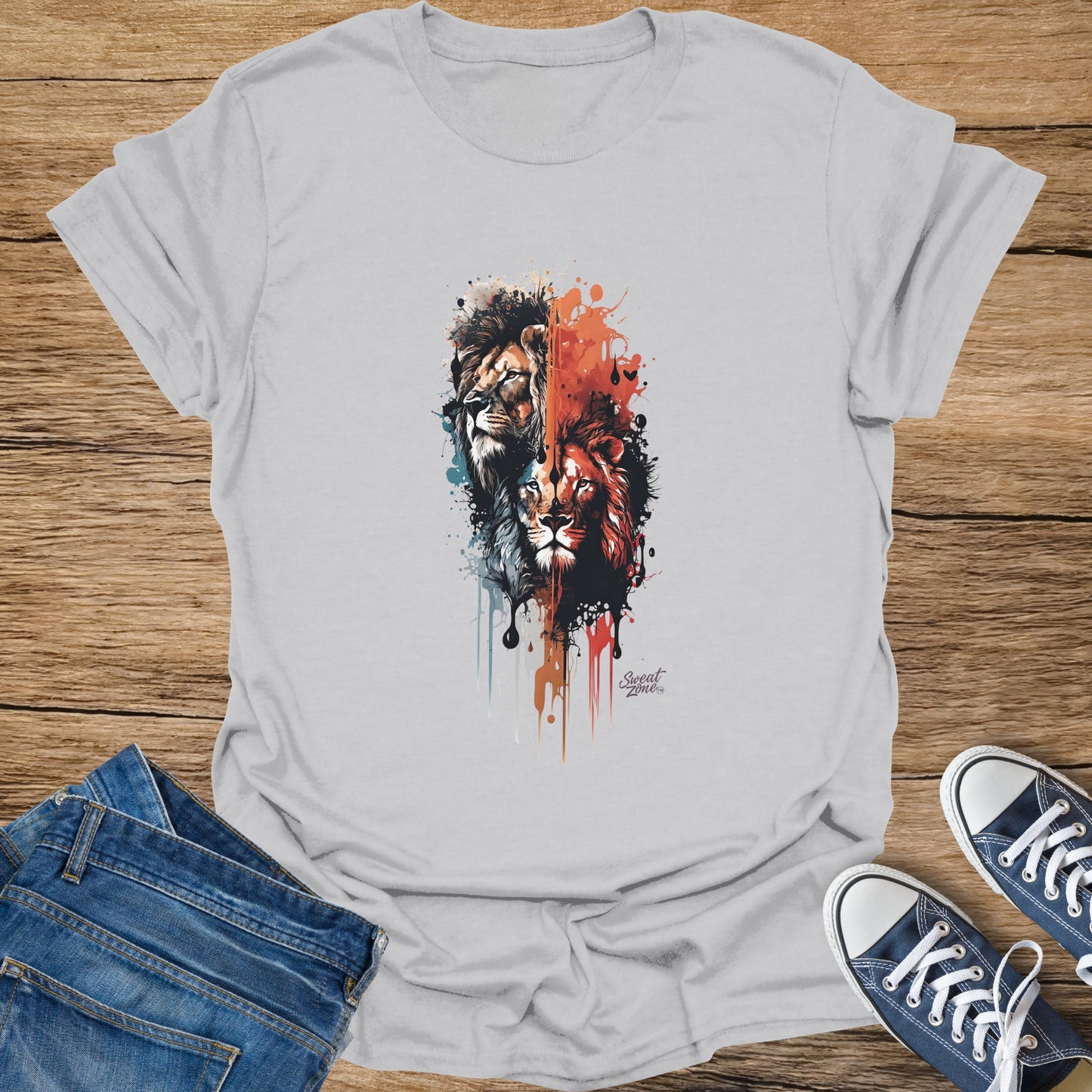 Gray t-shirt featuring a watercolor-style print of two lion heads with dripping paint details.