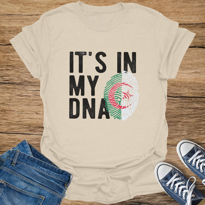 T-shirt with "IT'S IN MY DNA" and Algerian flag fingerprint.