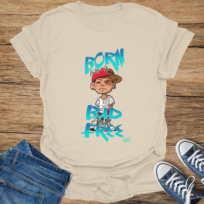 Cream t-shirt with graphic of boy and text "BORN To Be A BAD And FREE".
